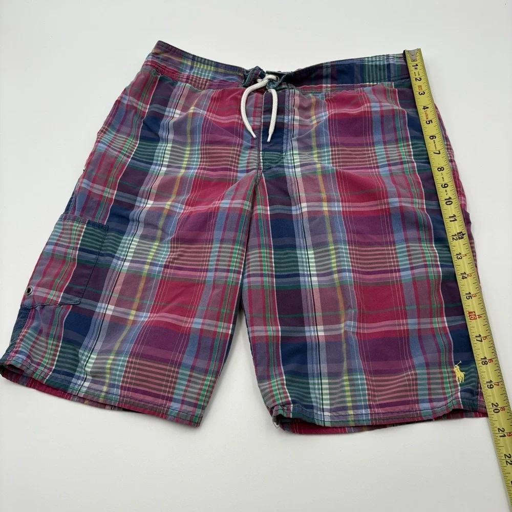 Polo‎ Ralph Lauren Boys XL 18-20 Swim Trunks Plaid Madras Mesh Lined Pony